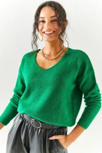 Olalook Women's Grass Green V-Neck Soft Textured Knitwear Sweater - Image 3