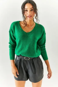 Olalook Women's Grass Green V-Neck Soft Textured Knitwear Sweater - Image 4