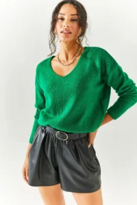 Olalook Women's Grass Green V-Neck Soft Textured Knitwear Sweater - Image 5