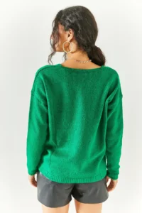 Olalook Women's Grass Green V-Neck Soft Textured Knitwear Sweater - Image 6