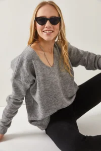 Olalook Women's Gray V-Neck Soft Textured Knitwear Sweater - Image 2