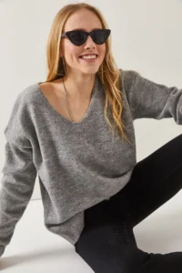 Olalook Women's Gray V-Neck Soft Textured Knitwear Sweater - Image 3