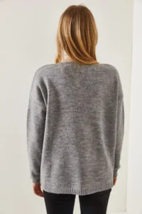 Olalook Women's Gray V-Neck Soft Textured Knitwear Sweater - Image 5