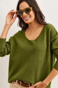 Olalook Women's Green V-Neck Soft Textured Knitwear Sweater - Image 2