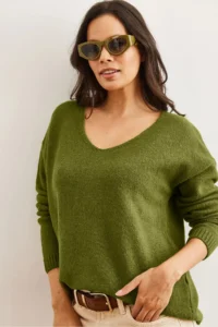 Olalook Women's Green V-Neck Soft Textured Knitwear Sweater - Image 3