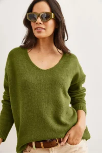 Olalook Women's Green V-Neck Soft Textured Knitwear Sweater - Image 4