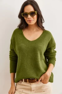 Olalook Women's Green V-Neck Soft Textured Knitwear Sweater - Image 5