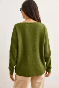 Olalook Women's Green V-Neck Soft Textured Knitwear Sweater - Image 6