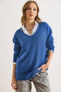 Olalook Women's Indigo V-Neck Soft Textured Knitwear Sweater