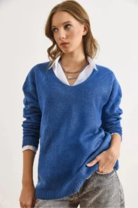 Olalook Women's Indigo V-Neck Soft Textured Knitwear Sweater - Image 4