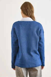Olalook Women's Indigo V-Neck Soft Textured Knitwear Sweater - Image 5