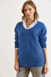 Olalook Women's Indigo V-Neck Soft Textured Knitwear Sweater - Image 6