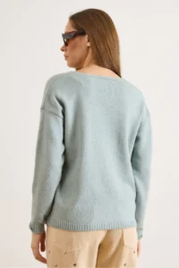 Olalook Women's Mint Green V-Neck Soft Textured Knitwear Sweater - Image 2
