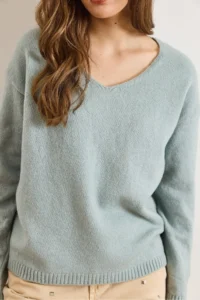Olalook Women's Mint Green V-Neck Soft Textured Knitwear Sweater - Image 3