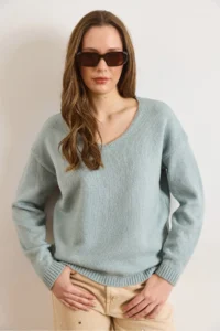 Olalook Women's Mint Green V-Neck Soft Textured Knitwear Sweater - Image 6
