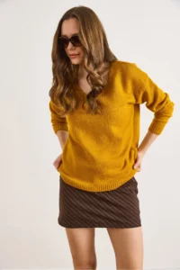Olalook Women's Mustard V-Neck Soft Textured Knitwear Sweater - Image 2