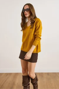 Olalook Women's Mustard V-Neck Soft Textured Knitwear Sweater - Image 5