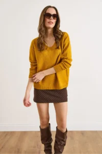Olalook Women's Mustard V-Neck Soft Textured Knitwear Sweater - Image 6