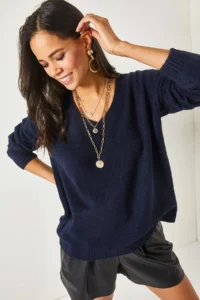 Olalook Women's Navy Blue V-Neck Soft Textured Knitwear Sweater