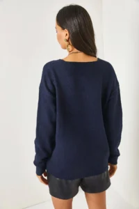 Olalook Women's Navy Blue V-Neck Soft Textured Knitwear Sweater - Image 2