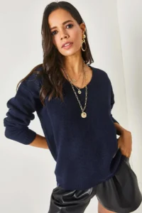 Olalook Women's Navy Blue V-Neck Soft Textured Knitwear Sweater - Image 3
