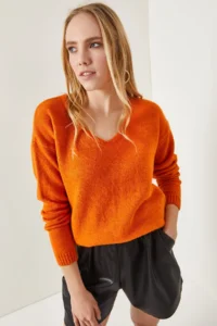 Olalook Women's Orange V-Neck Soft Textured Knitwear Sweater - Image 2