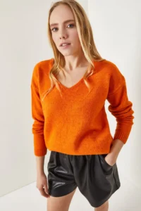 Olalook Women's Orange V-Neck Soft Textured Knitwear Sweater - Image 3
