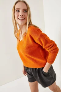 Olalook Women's Orange V-Neck Soft Textured Knitwear Sweater - Image 4