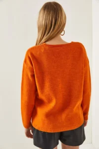 Olalook Women's Orange V-Neck Soft Textured Knitwear Sweater - Image 5