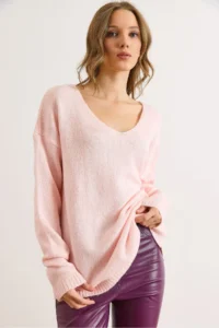 Olalook Women's Powder V-Neck Soft Textured Knitwear Sweater - Image 3