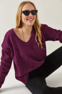 Olalook Women's Purple V-Neck Soft Textured Knitwear Sweater - Image 3