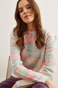 Olalook Women's Cream Pink Crew Neck Patterned Soft Textured Premium Knitwear Sweater - Image 3