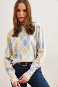 Olalook Women's Yellow Checkered Crew Neck Patterned Soft Textured Premium Knitwear Sweater