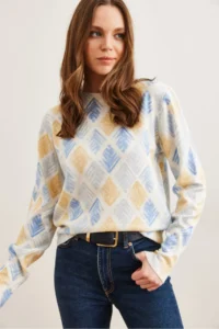 Olalook Women's Yellow Checkered Crew Neck Patterned Soft Textured Premium Knitwear Sweater - Image 2