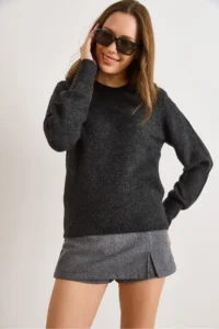 Olalook Women's Anthracite Crew Neck Soft Textured Basic Knitwear Sweater - Image 2