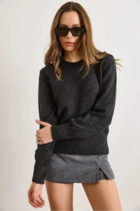 Olalook Women's Anthracite Crew Neck Soft Textured Basic Knitwear Sweater - Image 6