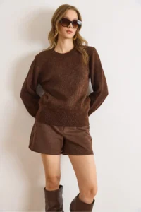 Olalook Women's Bitter Brown Crew Neck Soft Textured Basic Knitwear Sweater - Image 2