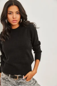 Olalook Women's Black Crew Neck Soft Textured Basic Knitwear Sweater