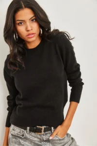 Olalook Women's Black Crew Neck Soft Textured Basic Knitwear Sweater - Image 2