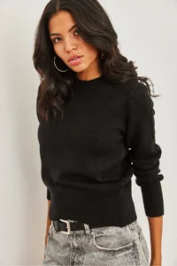 Olalook Women's Black Crew Neck Soft Textured Basic Knitwear Sweater - Image 3