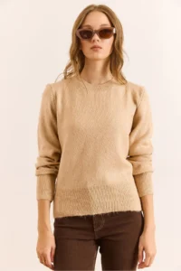 Olalook Women's Camel Crew Neck Soft Textured Basic Knitwear Sweater - Image 2