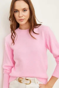 Olalook Women's Candy Pink Crew Neck Soft Textured Basic Knitwear Sweater - Image 2