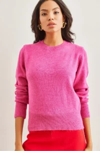 Olalook Women's Fuchsia Crew Neck Soft Textured Basic Knitwear Sweater - Image 2