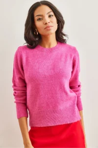Olalook Women's Fuchsia Crew Neck Soft Textured Basic Knitwear Sweater - Image 3