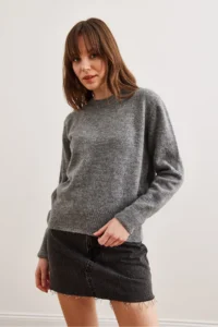 Olalook Women's Gray Crew Neck Soft Textured Basic Knitwear Sweater - Image 2