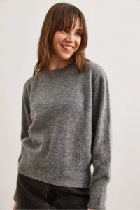Olalook Women's Gray Crew Neck Soft Textured Basic Knitwear Sweater - Image 3
