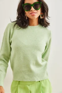 Olalook Women's Mint Green Crew Neck Soft Textured Basic Knitwear Sweater - Image 2