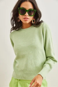 Olalook Women's Mint Green Crew Neck Soft Textured Basic Knitwear Sweater - Image 5