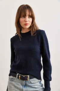 Olalook Women's Navy Blue Crew Neck Soft Textured Basic Knitwear Sweater - Image 3