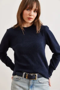 Olalook Women's Navy Blue Crew Neck Soft Textured Basic Knitwear Sweater - Image 4